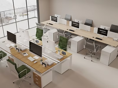 Modern Office Desk Setup With Multiple Workstations Computers Ergonomic Chairs And Large Windows 3d model