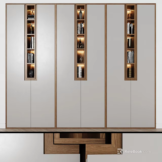 Modern Bookcase Design With Wooden Frames White Panels And Built In Lighting 3d model 
