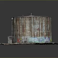 Rusty Oil Tank Exterior With Weathered Surface And Colorful Graffiti On Surrounding Ground