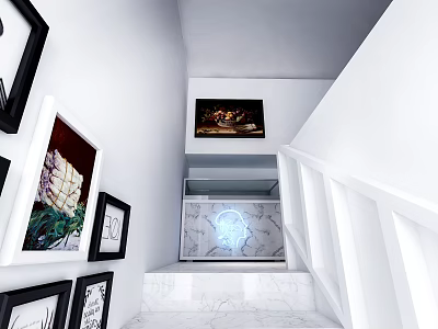 White Staircase Hallway Interior With Wall Art And Marble Display Cabinet 3d model