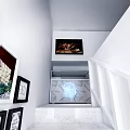 White Staircase Hallway Interior With Wall Art And Marble Display Cabinet