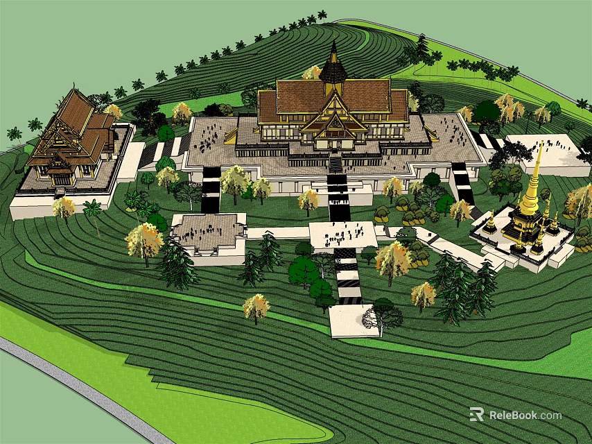 Ancient Traditional Temple Architecture With Courtyard Stairs And Green Surrounding Landscape 3d model 