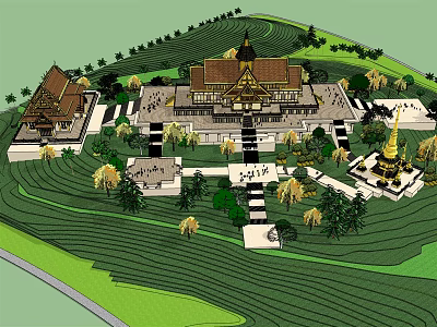 Ancient Traditional Temple Architecture With Courtyard Stairs And Green Surrounding Landscape 3d model