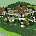 Ancient Traditional Temple Architecture With Courtyard Stairs And Green Surrounding Landscape
