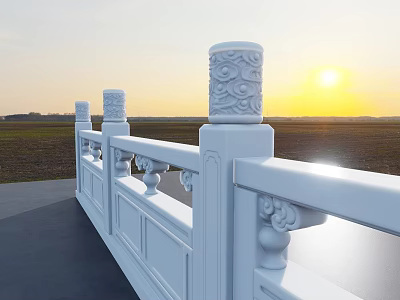 White Decorative Fence with Carved Pillars and Sunset View Over Field And Gray Pavement 3d model