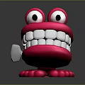 Playful Pink Cartoon Creature Smiling With Big Eyes White Teeth And Red Feet Holding Toothbrush