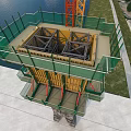Construction Structure Under Construction With Green Scaffolding Yellow Crane Workers By Water And Greenery 3d model