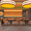 Warm Toned Cafe Interior With Dark Tables Beige Chairs Yellow Pendant Lights And Terrazzo Floor