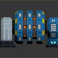 Blue Sci Fi Modular Mechanical Structure With Yellow Accents Grille Panels And Base 3d model