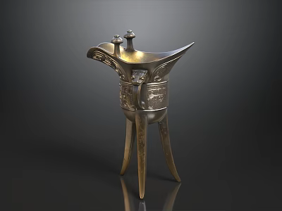 Ancient Bronze Jue Vessel With Intricate Carvings And Three Legs Design 3d model