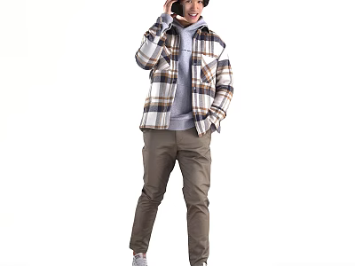 Man Wearing Plaid Shirt Gray Turtleneck And Khaki Pants Talking On Phone 3d model