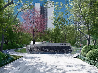 Garden Ornament in Modern Landscape with Stone Path Water Feature and Green Trees 3d model