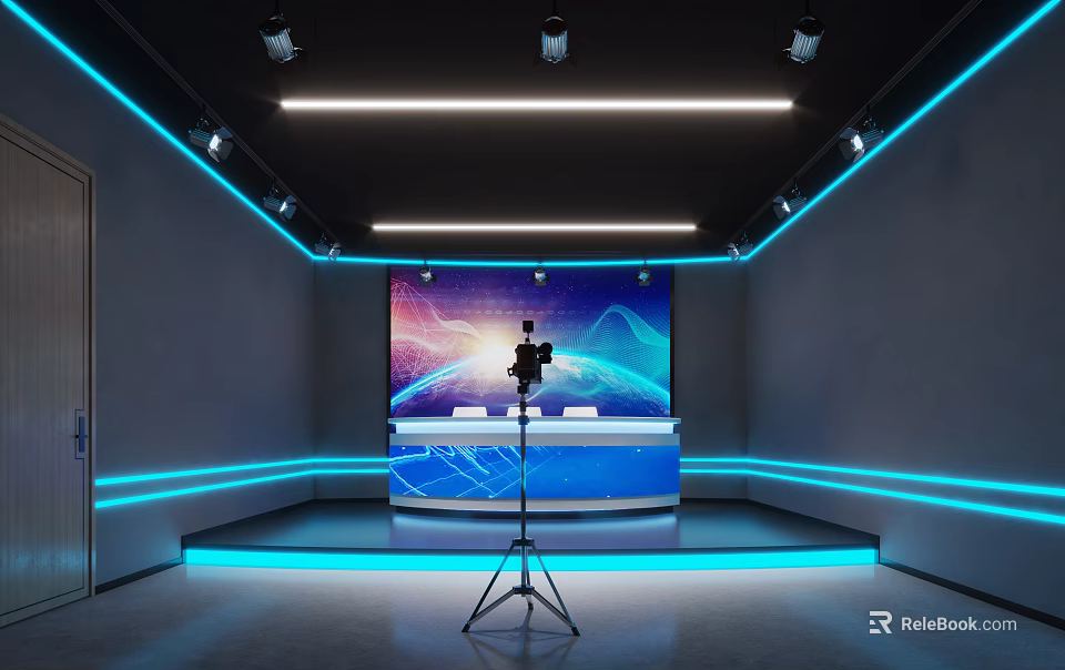 Modern Public Office Space With Blue Lighting Large Screen Tripod Camera And Earth Starry Sky 3d model 