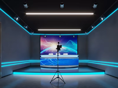 Modern Public Office Space With Blue Lighting Large Screen Tripod Camera And Earth Starry Sky 3d model