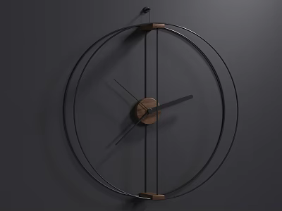 Modern Wall Clock with Black Metal Rings and Wooden Elements on Gray Wall 3d model