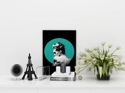 Ornamental Decor Collection with Eiffel Tower Model Globe Books Tulip Vase and Wall Art 3d model