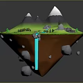 Cartoon Floating Island Scene With Green Grass Mountains River And Waterfall