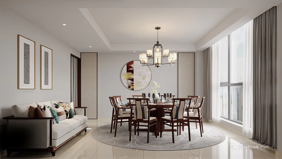 Modern Private Room Interior With Dining Table Sofa Chandelier And Round Artwork 3d model