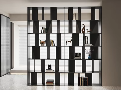 Modern Black and White Grid Bookcase With Open Shelves Books And Decorations 3d model