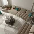 Modern White Corner Sofa with Turquoise Cushions and Coffee Table Set on Patterned Rug 3d model