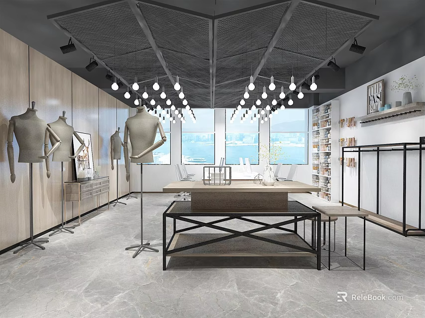 Modern Clothing Store Interior With Mannequins Clothing Racks Pendant Lights And Large Windows 3d model 
