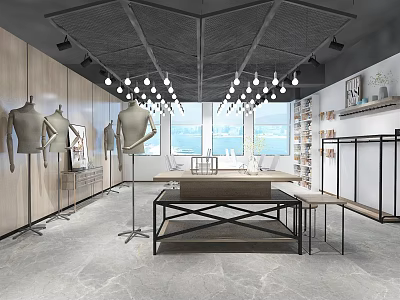 Modern Clothing Store Interior With Mannequins Clothing Racks Pendant Lights And Large Windows 3d model
