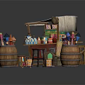 Mobile Street Cart with Wooden Barrels Small Tables and Various Goods Under Canvas Canopy