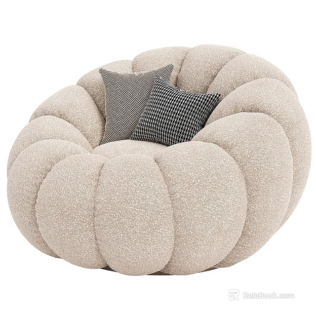 Beige Pumpkin Shaped Accent Chair With Gray And Black White Checkered Cushions 3d model 