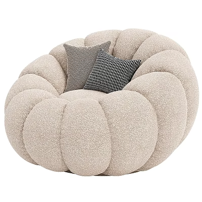 Beige Pumpkin Shaped Accent Chair With Gray And Black White Checkered Cushions 3d model
