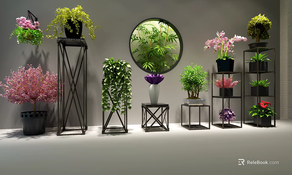 Various Potted Green Plants and Pink Flowers on Metal Stands with Round Mirror Background 3d model 