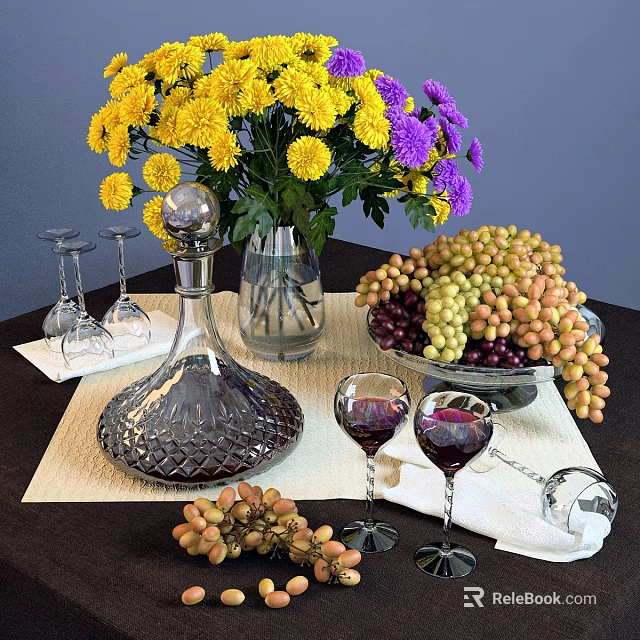 Elegant Wine Decanter And Glasses With Yellow Purple Flowers And Grapes On Table 3d model 