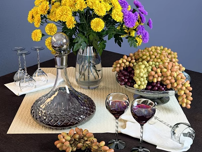 Elegant Wine Decanter And Glasses With Yellow Purple Flowers And Grapes On Table 3d model