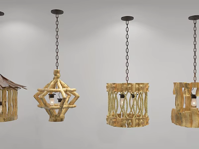 Unique Handcrafted Wooden Chandeliers In Rustic Style With Twig Designs And Exposed Bulbs 3d model