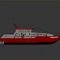 Red and Gray Boat 3D Rendering With Antenna Staircase and Wooden Deck