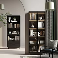Modern Multi Tiered Bookcases In Living Room Interior With Books Decorative Plants Lighting And Ornaments