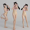 Women in Cat Ears Tail and Strawberry Pattern Bodysuit with Long Black Hair