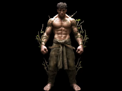 Muscular Man With Tattoos And Branches On Arms Wearing Traditional Style Pants Barefoot Against Black Background 3d model