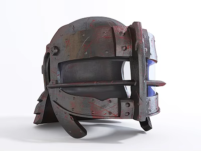 Rusted Metal Samurai Helmet With Worn Design And Blue Visor Details 3d model
