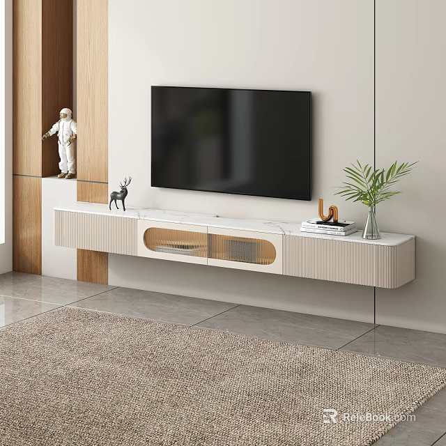 Modern TV Stand with White Finish Wooden Accents TV Deer Statue Plant and Books 3d model 