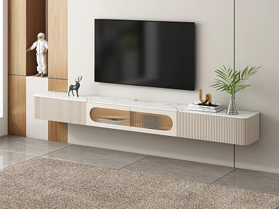 Modern TV Stand with White Finish Wooden Accents TV Deer Statue Plant and Books 3d model