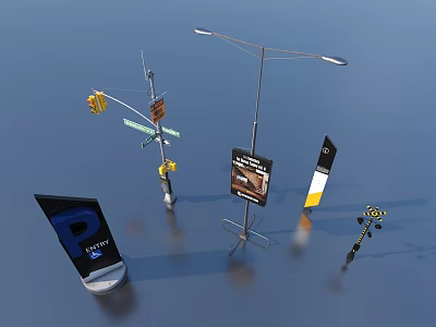 Urban Road Facilities With Traffic Lights Street Signs Street Lamps Billboards And Parking Signs 3d model