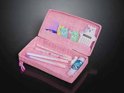 Cute Pink Pencil Case with Pens Calculator and Adorable Cartoon Decorations for School Supplies 3d model