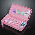 Cute Pink Pencil Case with Pens Calculator and Adorable Cartoon Decorations for School Supplies