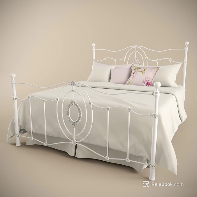 White Iron Double Bed With Ornate Frame And Floral Pillow On Light Bedding 3d model 