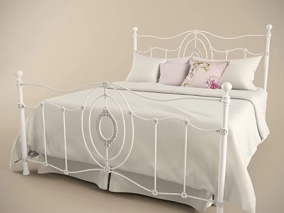 White Iron Double Bed With Ornate Frame And Floral Pillow On Light Bedding 3d model
