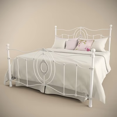 White Iron Double Bed With Ornate Frame And Floral Pillow On Light Bedding 3d model