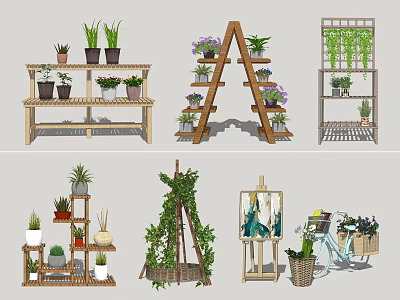 Creative Floral Display with Wooden Shelves A Frame Racks and Potted Plants 3d model