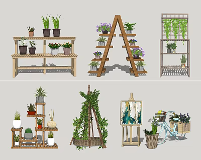 Creative Floral Display with Wooden Shelves A Frame Racks and Potted Plants 3d model