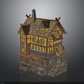 Fairy Tale Cottage With Yellow Walls Wooden Frames Arched Windows Chimney Balcony And Stone Stairs