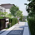 Serene Garden Landscape with Patterned Stone Pathway Hedges Trees Sculpture and Evening Lighting
